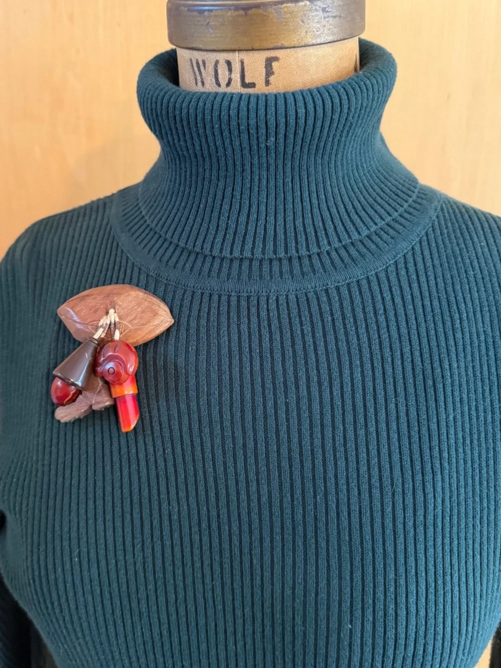 Rare Vintage 1940's Bakelite & Carved Wood Varsity Sports Figural Dangle Brooch